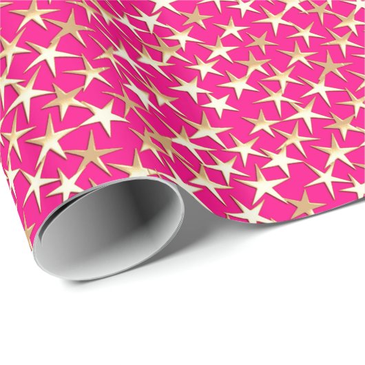 Papier Cadeau Étoiles dorées sur fond rose fuchsia (Coin rond)