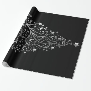 Papier Cadeau Étoiles élégantes d'arbre de Noël de gris noir
