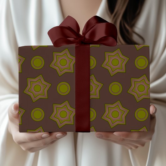 Papier Cadeau Étoiles et cercles marron et vert