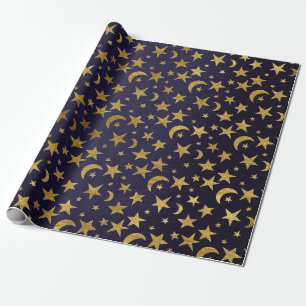 Papier Cadeau Étoiles et ciel d'or marins bleus de lune