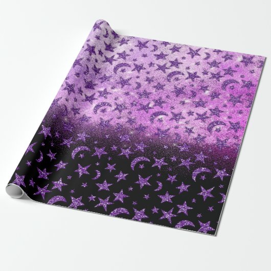 Papier Cadeau Étoiles Et Lune Noir Plum Violet Ombre Sparkly (Déroulé)