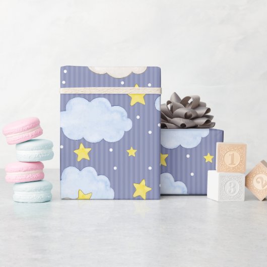 Papier Cadeau Étoiles et nuages célestes bleus (Baby Shower)