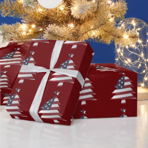 Papier Cadeau Étoiles et rayures Snowy Christmas Tree Patriotiqu