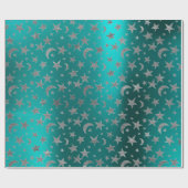 Papier Cadeau Étoiles gris argent Lune Ciel métallique Turquoise (Plat)