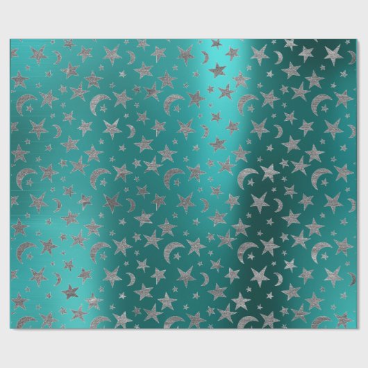 Papier Cadeau Étoiles gris argent Lune Ciel métallique Turquoise (Plat)
