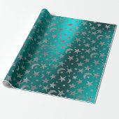 Papier Cadeau Étoiles gris argent Lune Ciel métallique Turquoise (Déroulé)