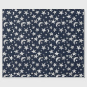 Papier Cadeau Étoiles Gris Gris Argent Lune Twinkl Bleu Marine (Plat)