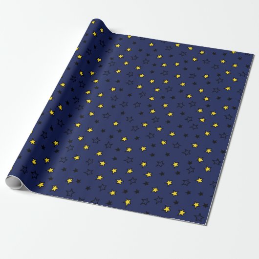 Papier Cadeau Etoiles Jaunes de nuit sur Motif bleu marine (Déroulé)