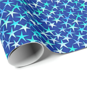 Papier Cadeau Étoiles satinées, bleu pâle sur cobalt