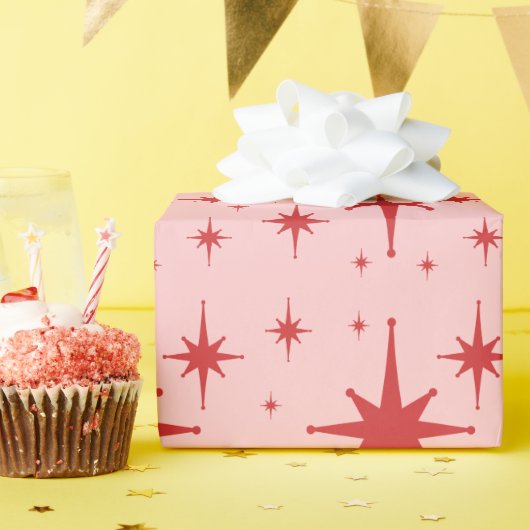 Papier Cadeau Étoiles Vintages rétro rose et rouge (Fête d'anniversaire)