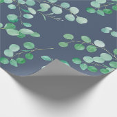 Papier Cadeau Eucalyptus vert Aquarelle Feuilles sur bleu marine (Coin)