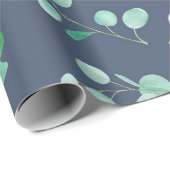 Papier Cadeau Eucalyptus vert Aquarelle Feuilles sur bleu marine (Coin rond)
