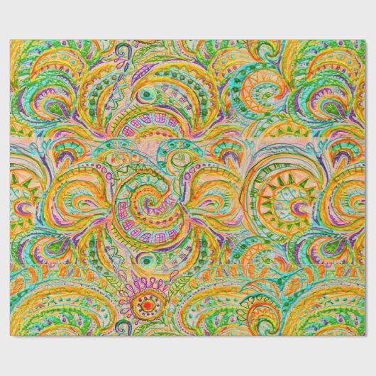 Papier Cadeau Explosion bohème en vert et jaune (Plat)
