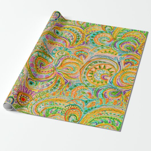 Papier Cadeau Explosion bohème en vert et jaune (Déroulé)