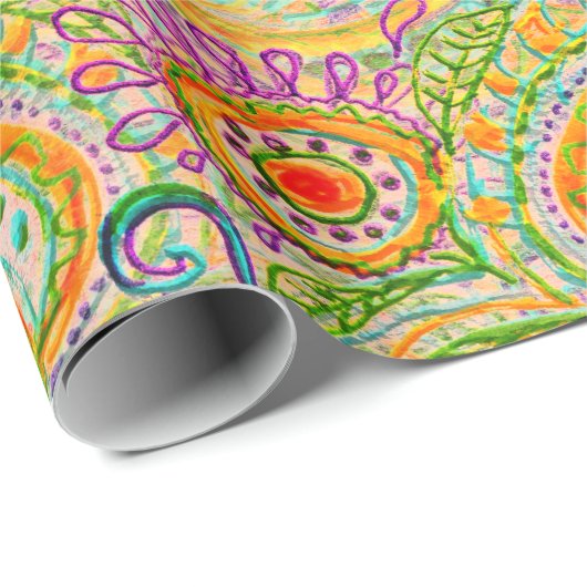 Papier Cadeau Explosion bohème en vert et jaune (Coin rond)