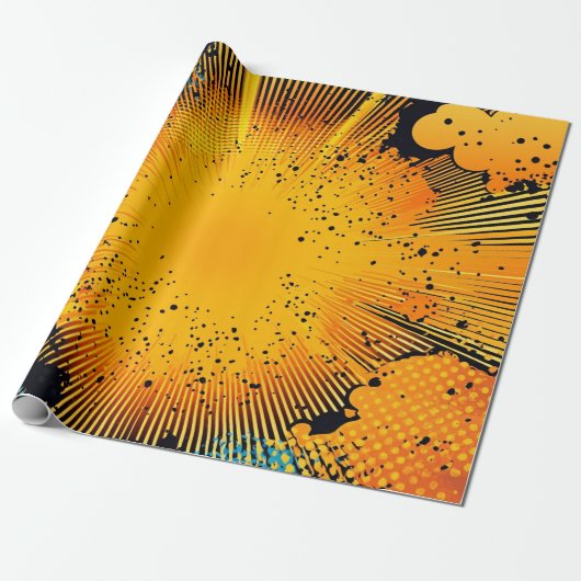Papier Cadeau Explosion de Bande Dessinée Cyan Jaune Doré Grunge (Déroulé)
