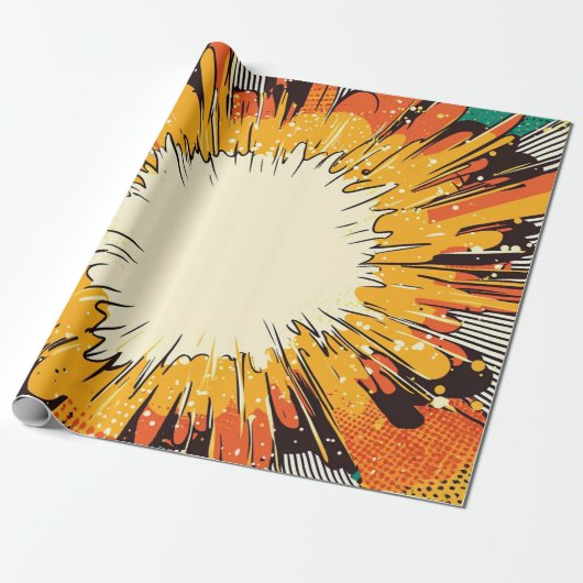Papier Cadeau Explosion orange vif d'art pop avec lignes noires (Déroulé)