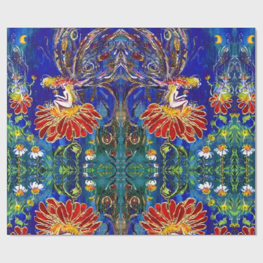 Papier Cadeau FAIRY ON THE RED FLOWER IN NIGHT Blue Green (Plat)