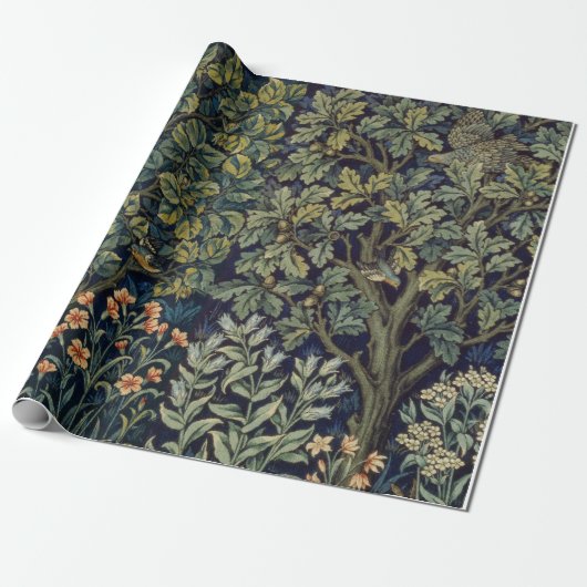 Papier Cadeau Faisan d'arbre boisé William Morris (Déroulé)