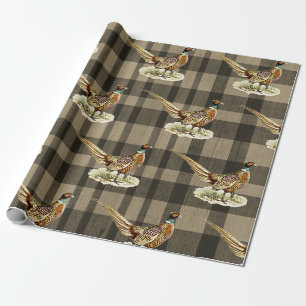 Papier Cadeau Faisan vintage sur carreaux beige marron