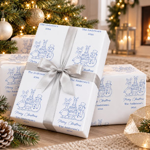 Papier Cadeau Famille d'oie de Noël Doodle bleu moderne