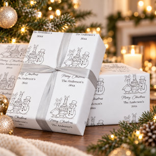 Papier Cadeau Famille d'oie de Noël Doodle noir blanc moderne