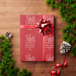 Papier Cadeau Famille d'oie de Noël Doodle rouge moderne