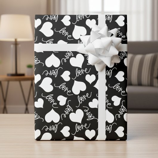 Papier Cadeau Fantaisie cursive noir et blanc Amour & Céurs