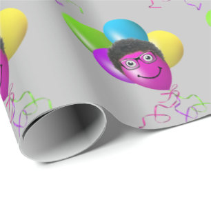 Papier Cadeau Fantaisie Visage de ballon d'anniversaire sur gris