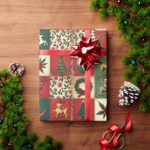 Papier Cadeau Fantasque Moderne Rouge & Vert Floral de Noël