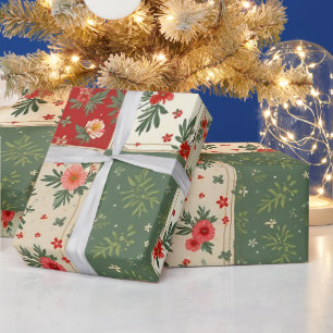 Papier Cadeau Fantasque Moderne Rouge & Vert Floral de Noël