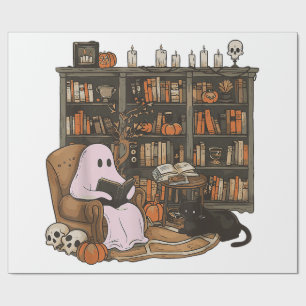 Papier Cadeau Fantôme lisant un livre amateur de chat Halloween 