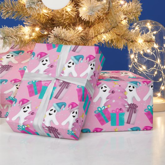Papier Cadeau Fantômes au chapeau de Père Noël avec sapin de Noë (Vacances)