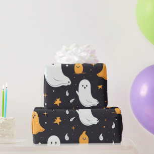 Papier Cadeau Fantômes blancs et dorés Étoiles Halloween noir