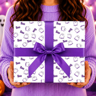 Papier Cadeau Fantômes Boo Violet Blanc Halloween