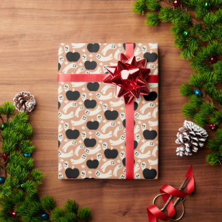 Papier Cadeau Fantômes espiègles et citrouilles sur fond noir – 