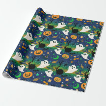 Fantômes et citrouilles, bleu avec motif vert