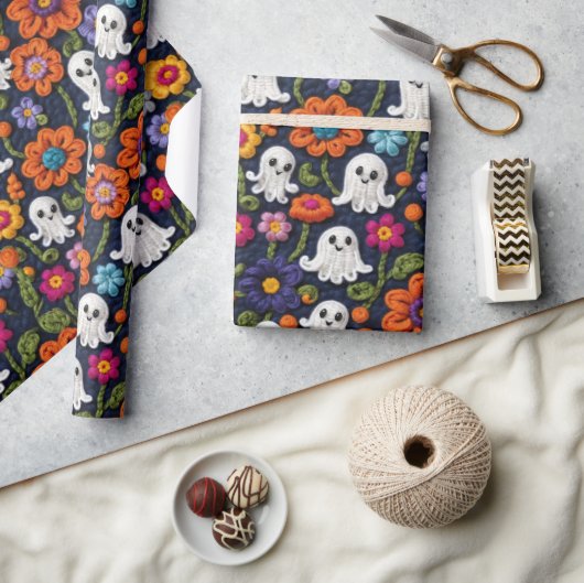 Papier Cadeau Fantômes et fleurs de style Crochet Halloween (Artisanat)