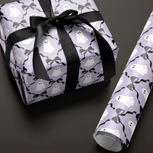 Papier Cadeau Fantômes mignons et vaches noires sur Lilac Hallow