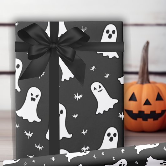 Papier Cadeau Fantômes Simplement Enchantés Noir Et Blanc Hallow