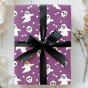 Papier Cadeau Fantômes Violets Sombres et Crânes Halloween