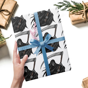 Papier Cadeau Faucheuse gothique Grim avec Scythe (blanc)