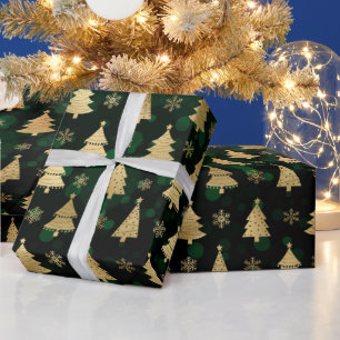 Papier Cadeau Faux arbres de Noël en feuille d'or & bokeh vert