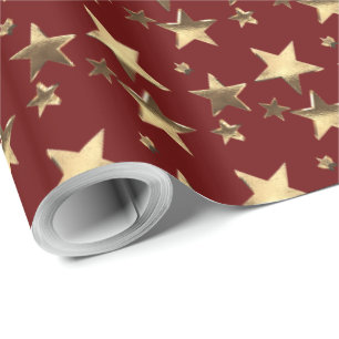Papier Cadeau Faux Gold Christmas Stars Motif Burgundy Red