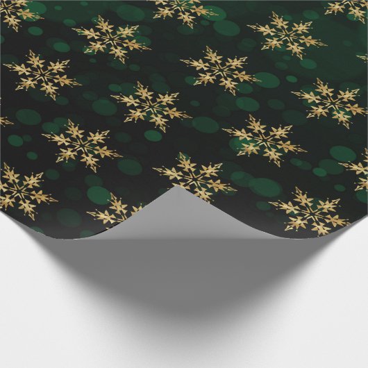 Papier Cadeau Faux Gold Faux Foil Fnowflakes sur Green Bokeh (Coin)