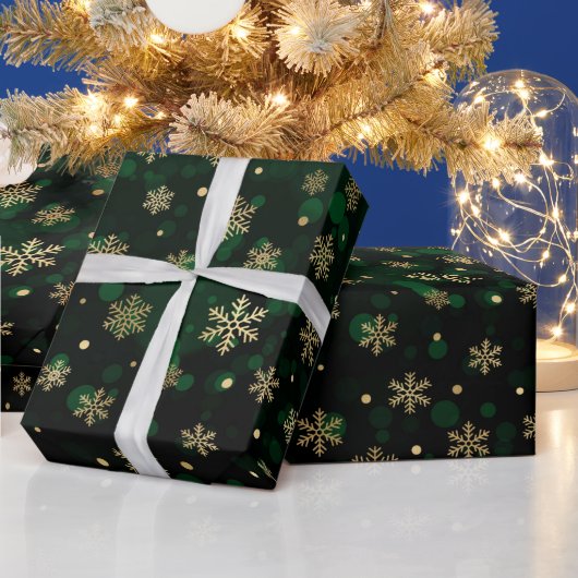 Papier Cadeau Faux Gold Foil Winter Snowflakes & green bokeh (Vacances)