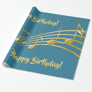 Papier Cadeau Faux gold notes de musique turquoise bleu vert ann