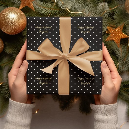 Papier Cadeau Faux Gold Script personnalisé Pointe Polka noir et