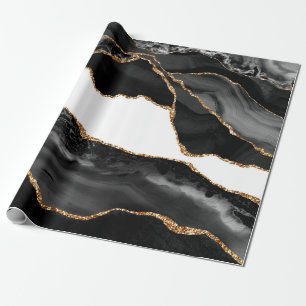Papier Cadeau Faux Marblé Agate Black Stone Luxe Or