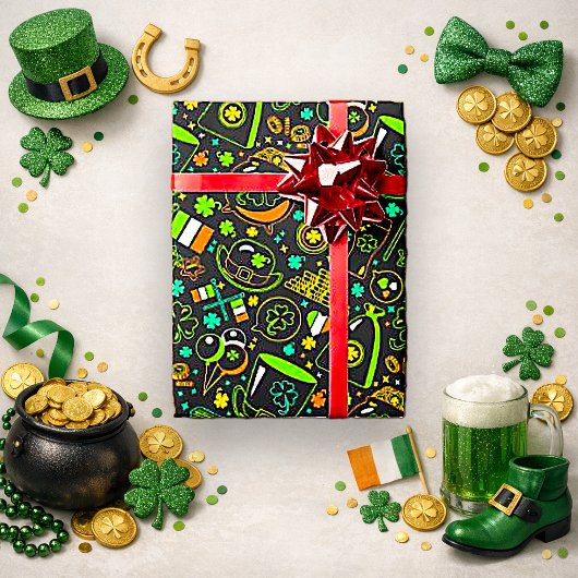 Papier Cadeau Faux Neon St. Patrick’s Day Irish Icon Pattern